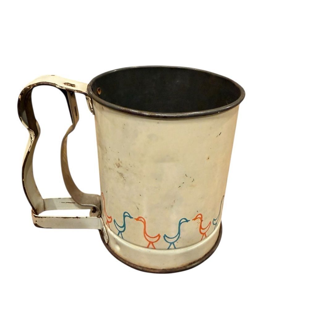 Vintage Androck Flour Sifter Country Decor Duck Pattern White Blue Orange